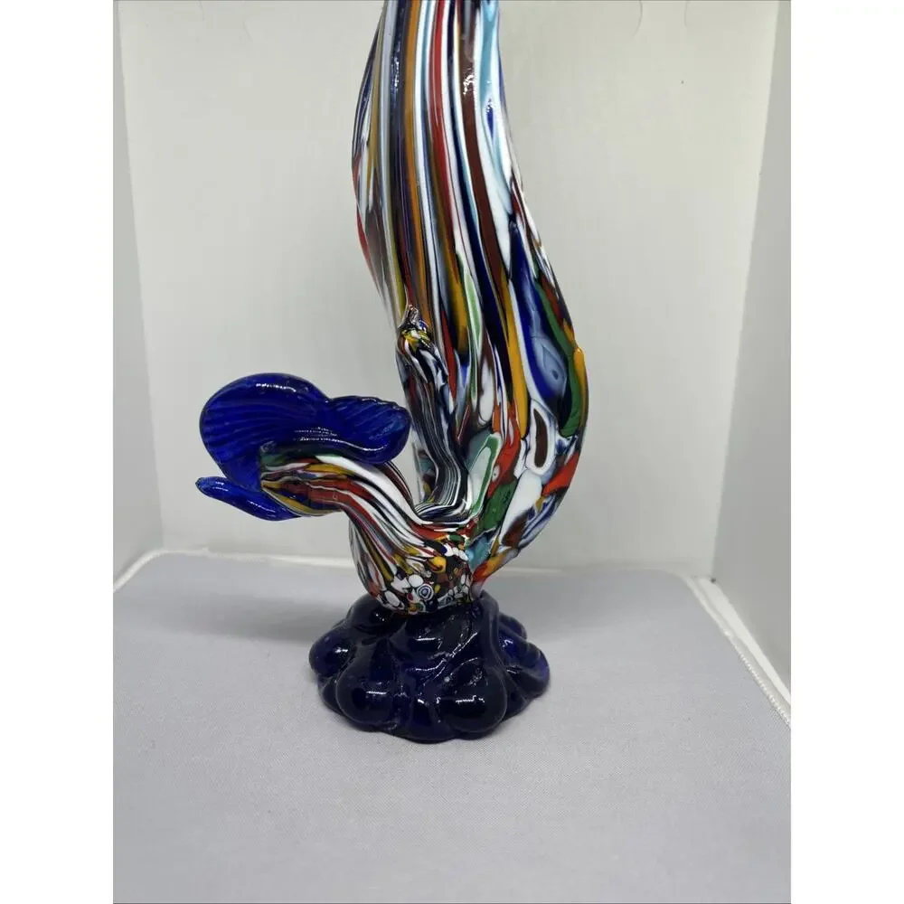 Vtg Murano Style Blown Blue Art Glass Rooster Colorful Bird 7" Figurine Nice - Picture 2 of 8